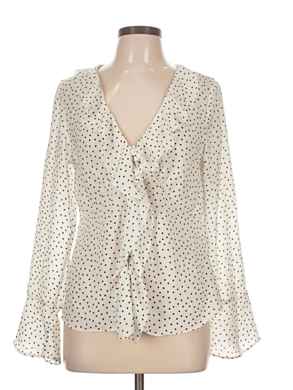 Maison D’amelie Polka Dot Ruffle V-Neck Blouse in Ivory